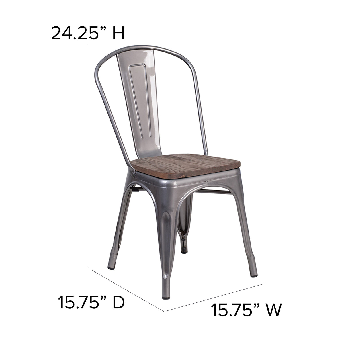 Clear Coated Metal Stackable Chair with Wood Seat - Image 4