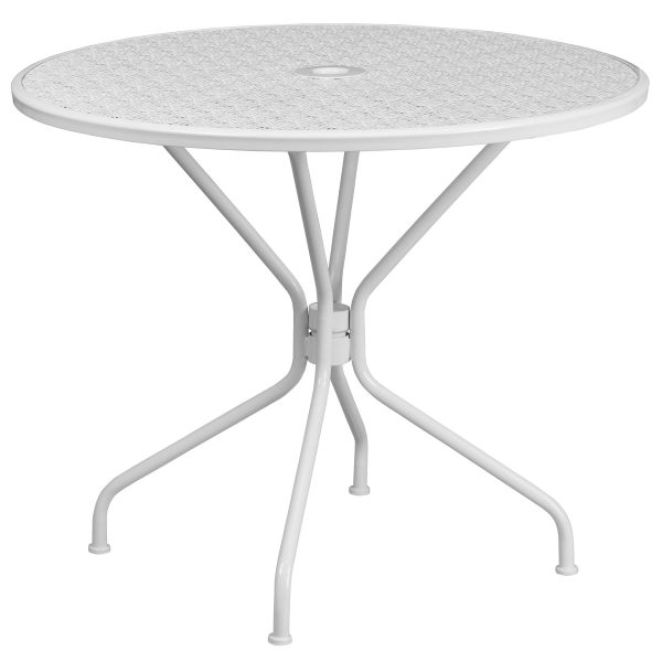 35.25" Round Indoor-Outdoor Steel Patio Table-Umbrella Hole-Restaurant Seating