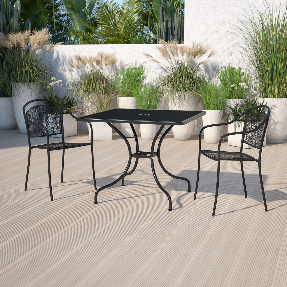 35.5" Square Indoor-Outdoor Steel Patio Table-Umbrella Hole-Restaurant Seating - Image 2