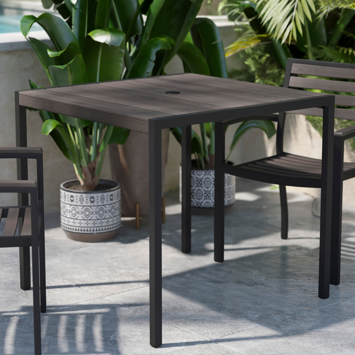 Square All-Weather Faux Teak Patio Dining Table with Steel Frame - Seats 4 - Image 2