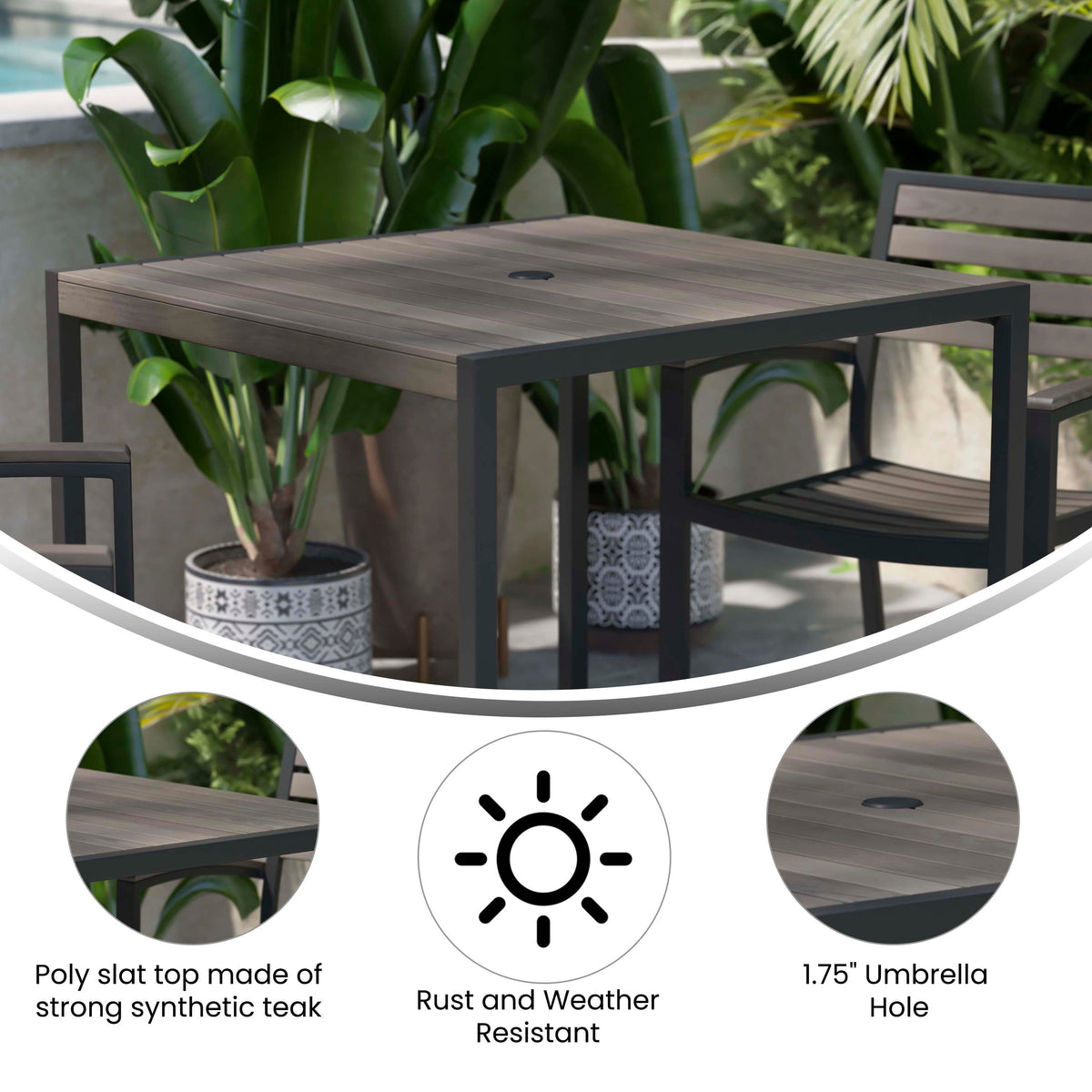 Square All-Weather Faux Teak Patio Dining Table with Steel Frame - Seats 4 - Image 3