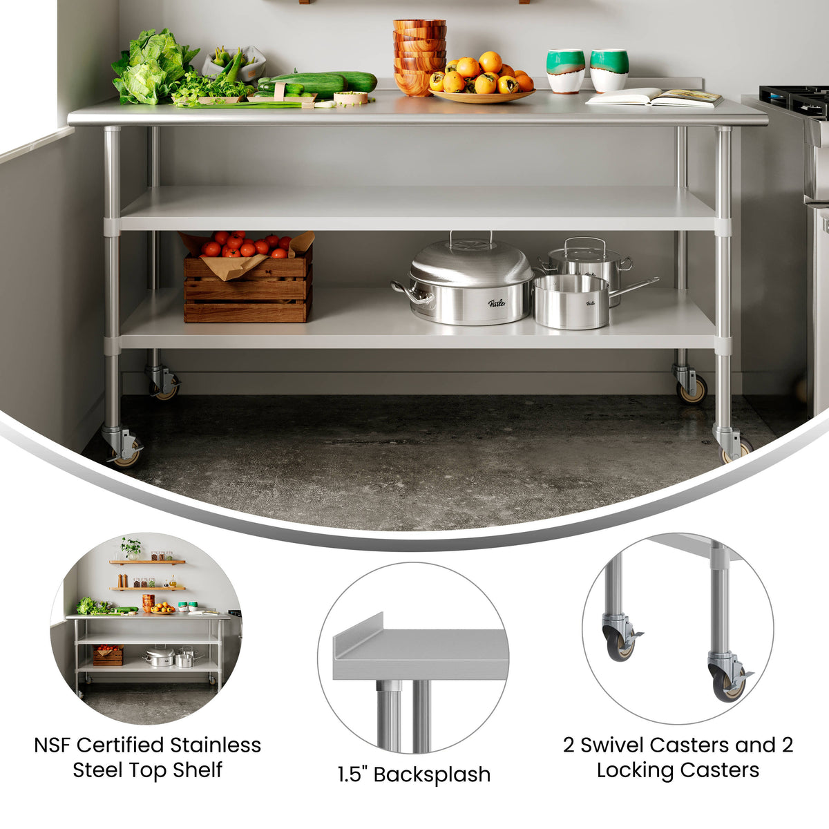 Commercial Stainless Steel Work Table with Backsplash and 2 Undershelves -24x48 - Image 3