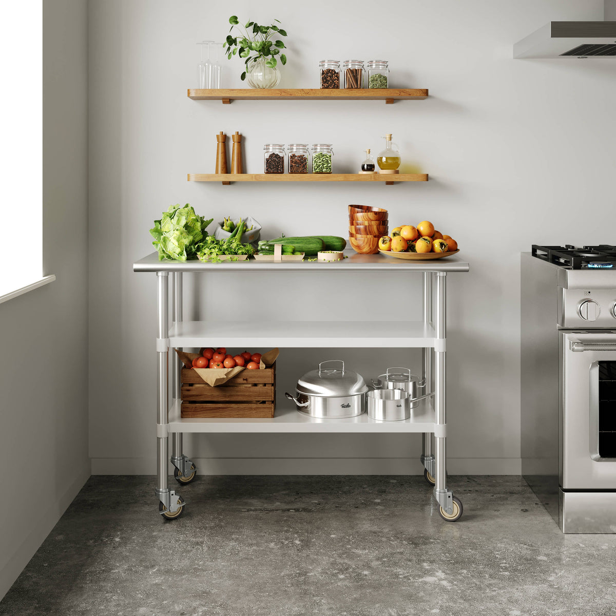 Commercial Stainless Steel Work Table with Dual Undershelves and Casters - 24x48 - Image 2
