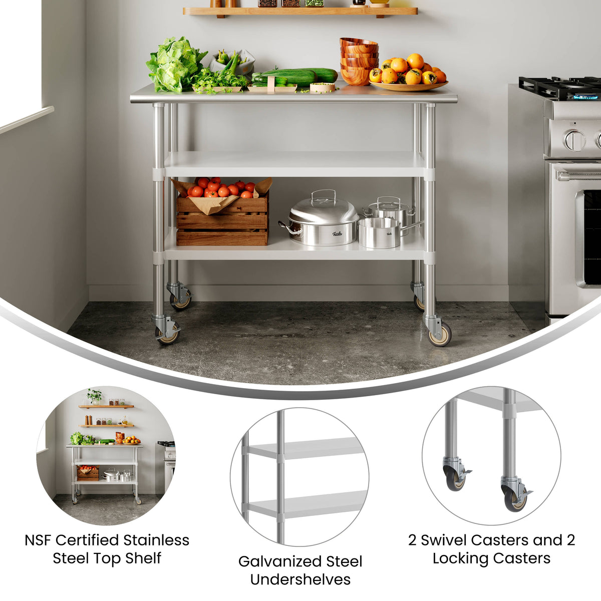 Commercial Stainless Steel Work Table with Dual Undershelves and Casters - 24x48 - Image 3