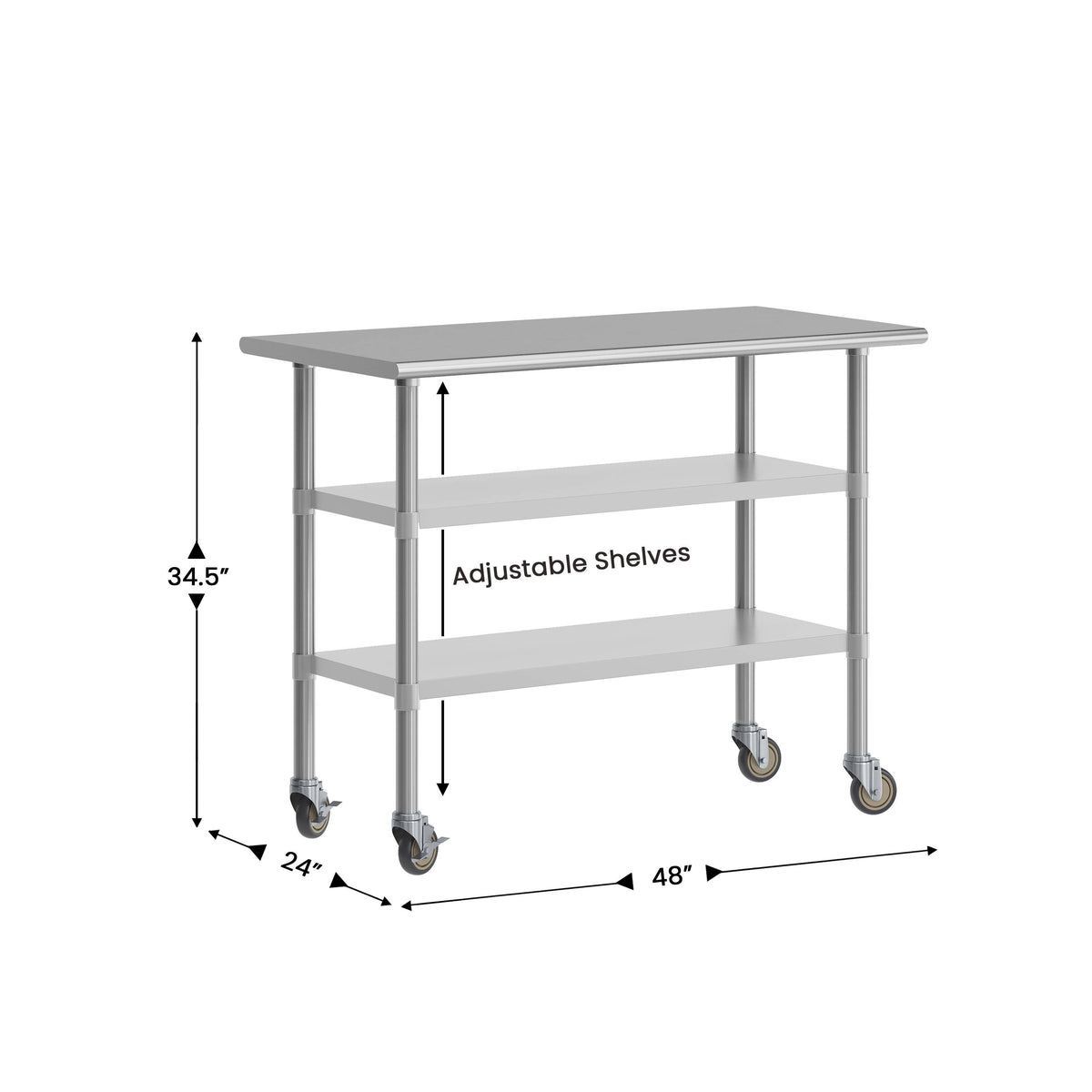 Commercial Stainless Steel Work Table with Dual Undershelves and Casters - 24x48 - Image 4