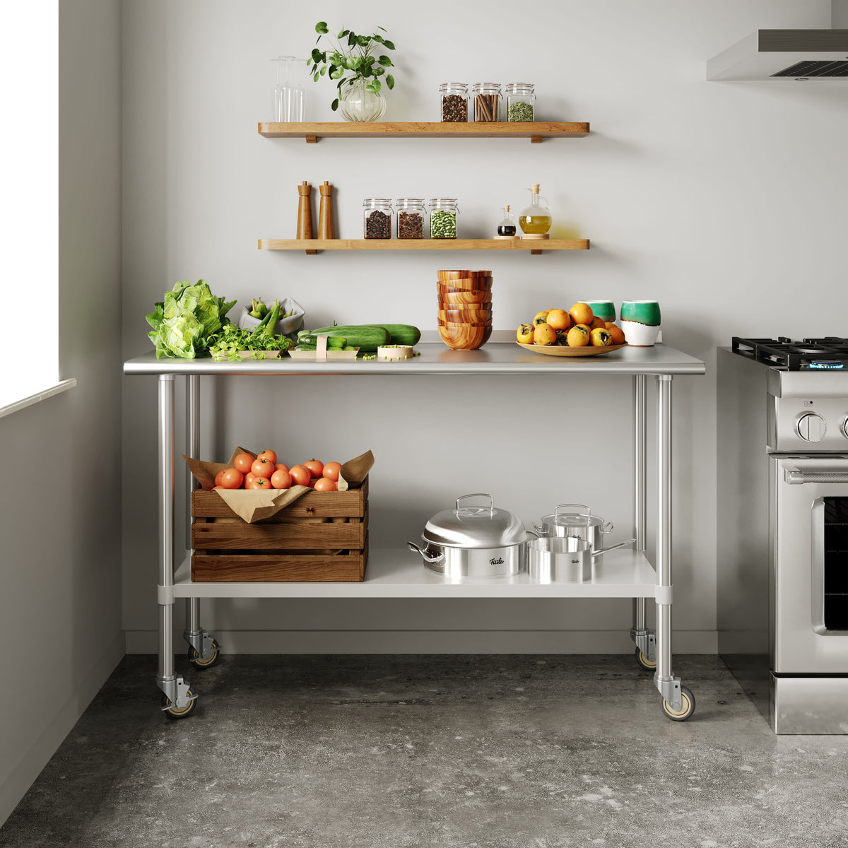Commercial Stainless Steel 18 Gauge Work Table with Undershelf and Casters-24x48 - Image 2