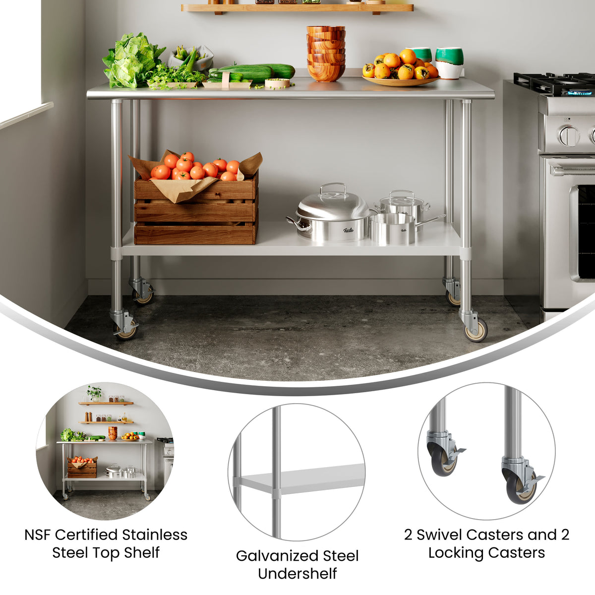 Commercial Stainless Steel 18 Gauge Work Table with Undershelf and Casters-24x48 - Image 3