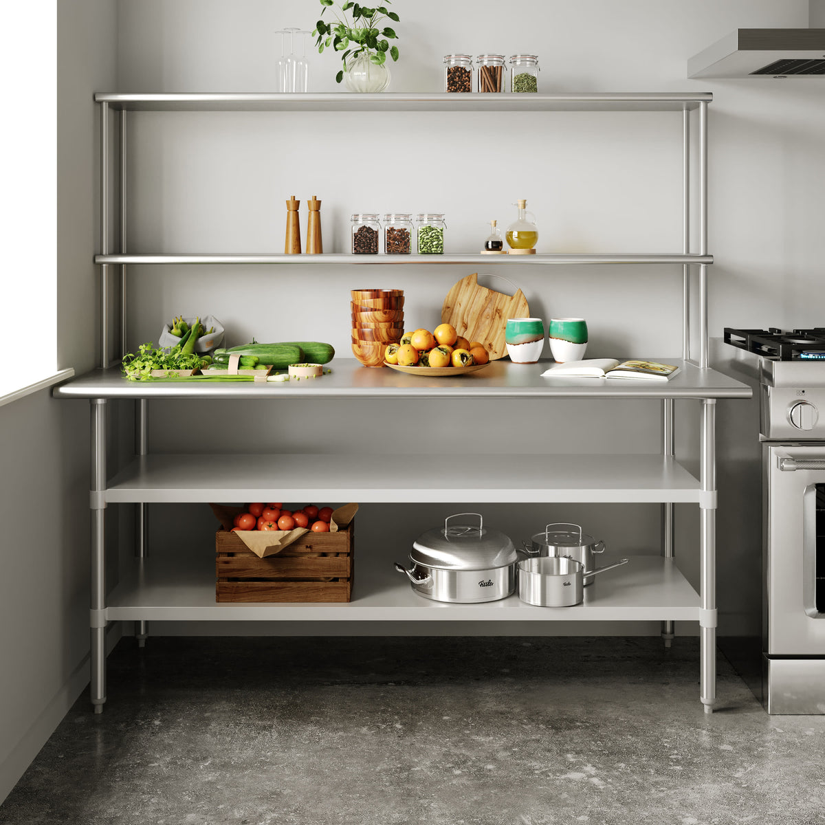 Commercial Stainless Steel Work Table with 2 Overshelves and Undershelves-24x48 - Image 2