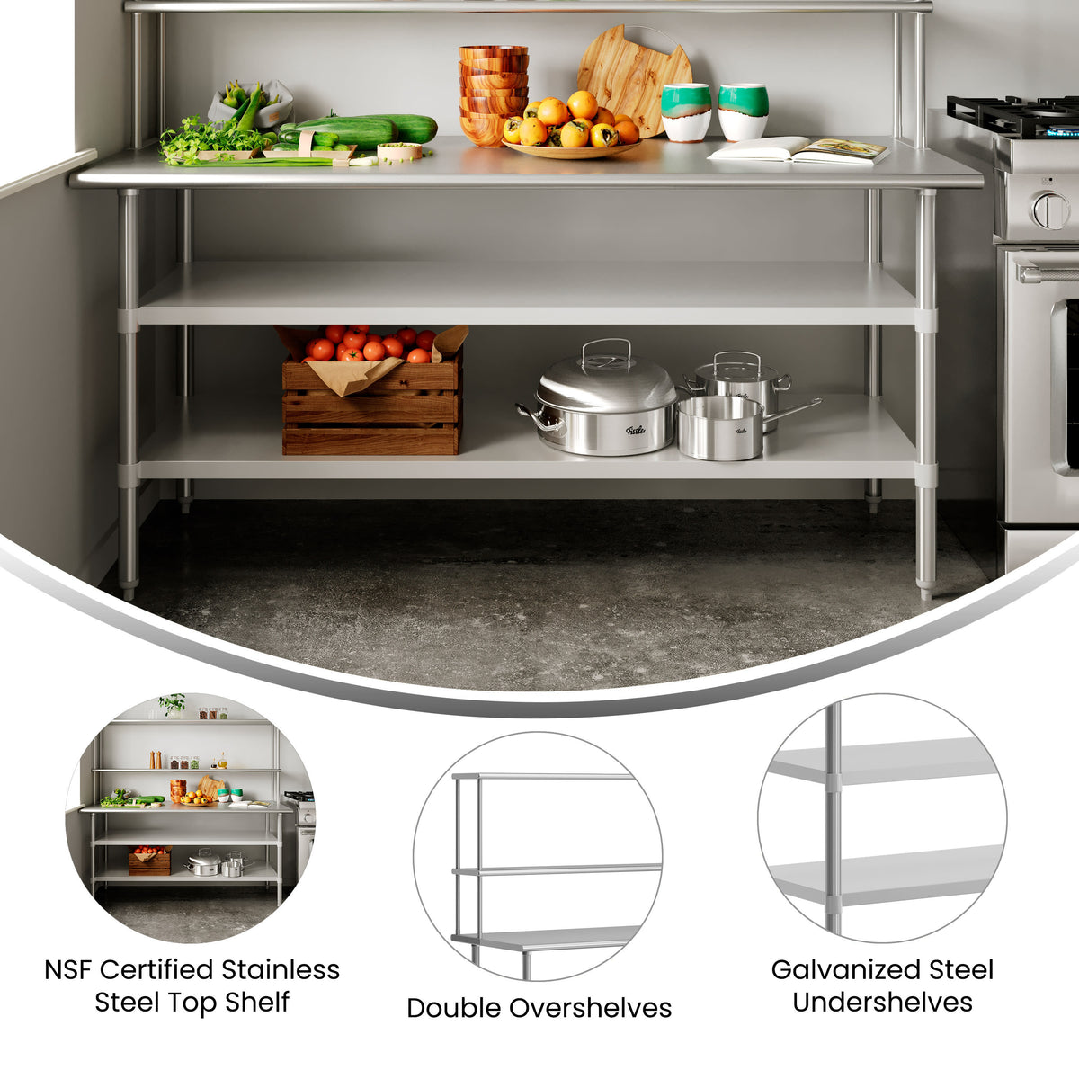 Commercial Stainless Steel Work Table with 2 Overshelves and Undershelves-24x48 - Image 3