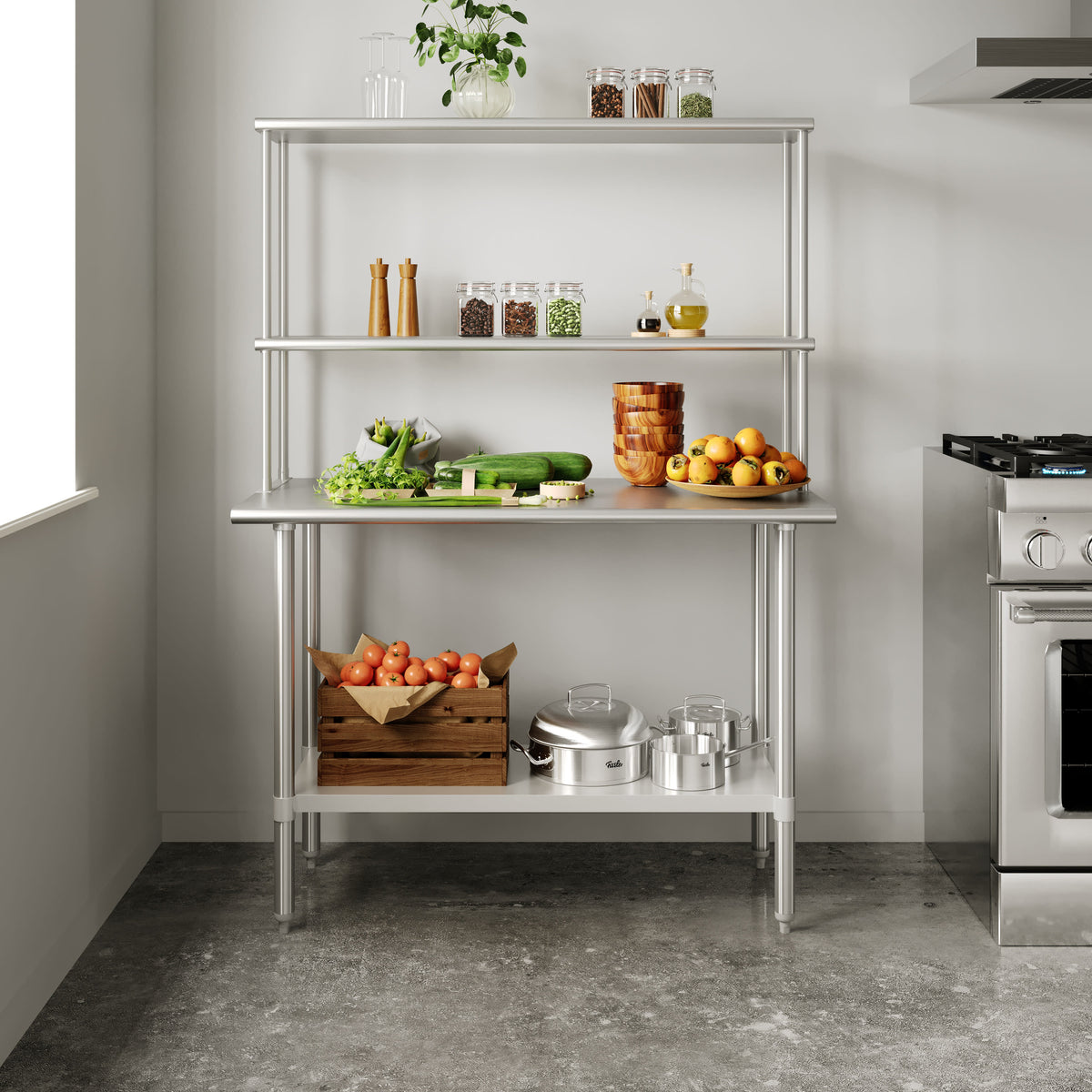 Commercial Stainless Steel Work Table with 2 Overshelves and 1 Undershef-24x48 - Image 2
