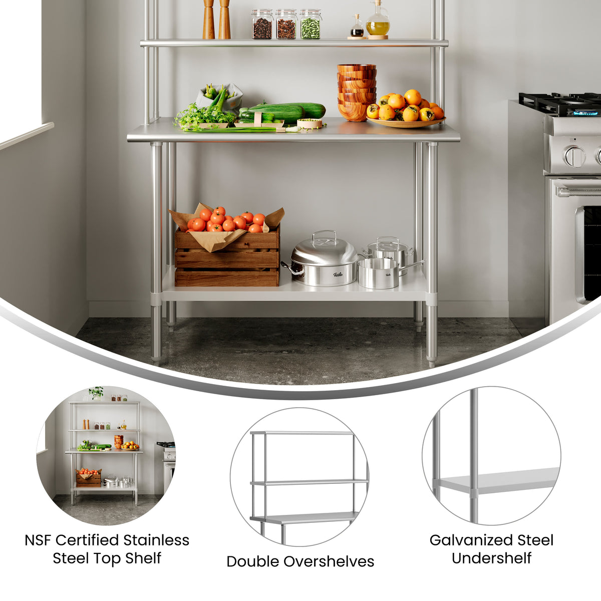 Commercial Stainless Steel Work Table with 2 Overshelves and 1 Undershef-24x48 - Image 3
