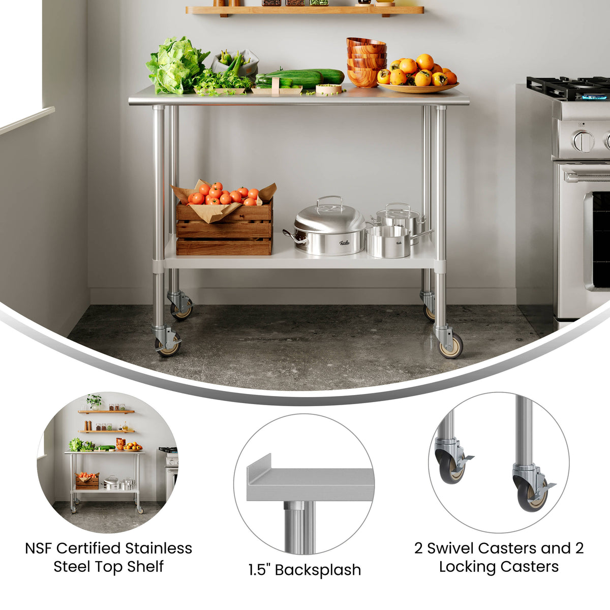 Commercial Stainless Steel Work Table with 1.5" Backsplash and Undershelf -24x48 - Image 3