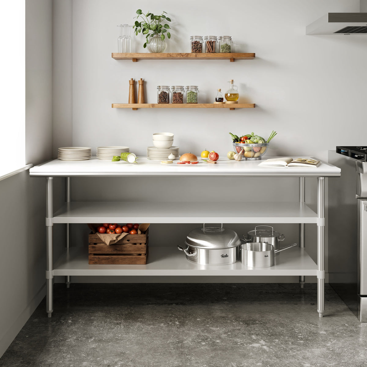 Commercial Stainless Steel Work Table with Poly Cutting Board-Undershelves-30x72 - Image 2