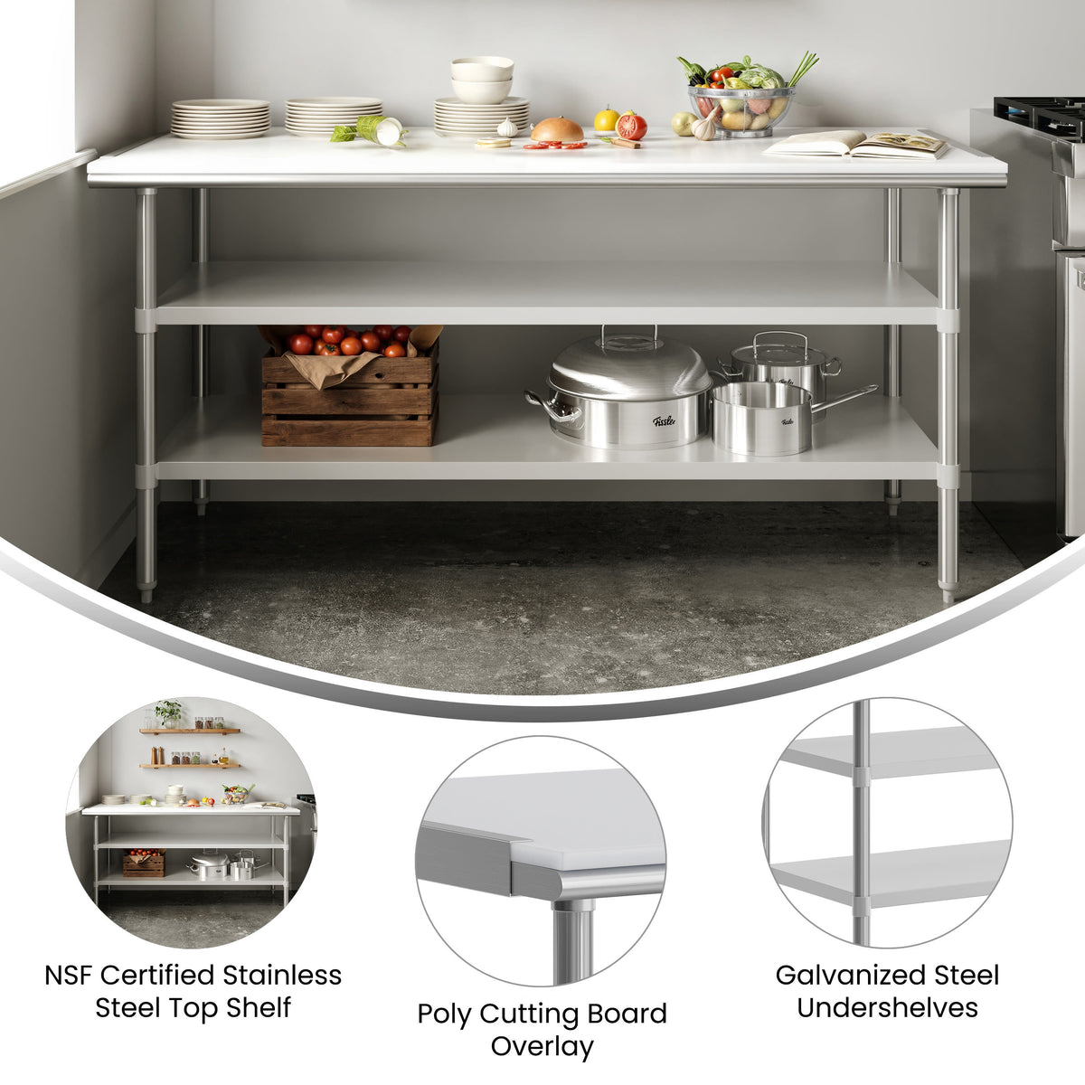 Commercial Stainless Steel Work Table with Poly Cutting Board-Undershelves-30x72 - Image 3