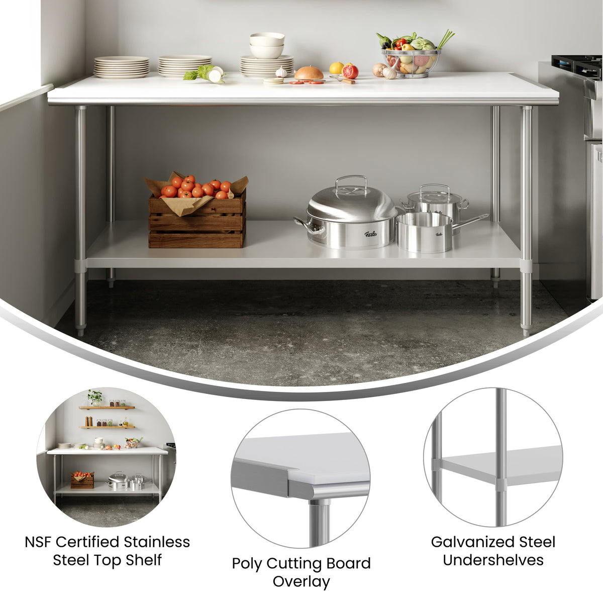 Commercial Stainless Steel Work Table with Poly Cutting Board-Undershelf-30x72 - Image 3