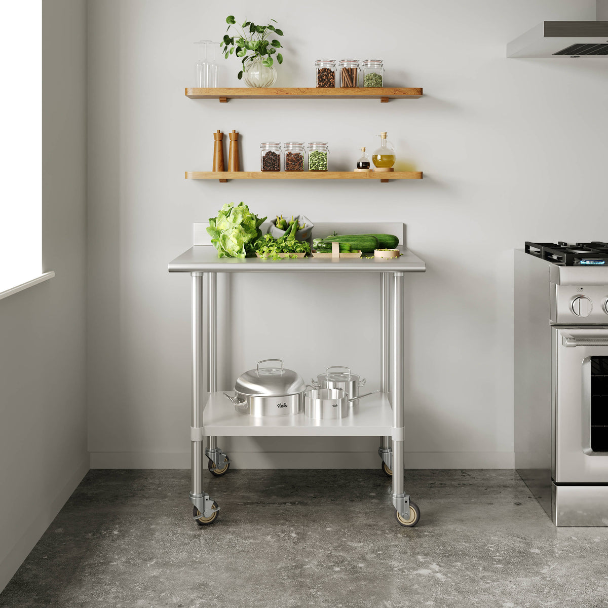 Commercial Stainless Steel Work Table with 4" Backsplash- Adj. Undershelf-30x36 - Image 2