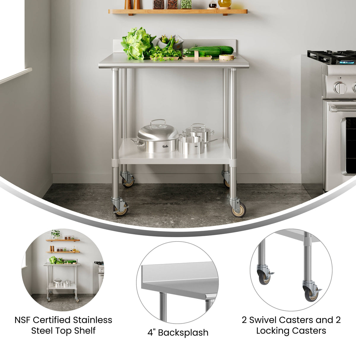Commercial Stainless Steel Work Table with 4" Backsplash- Adj. Undershelf-30x36 - Image 3