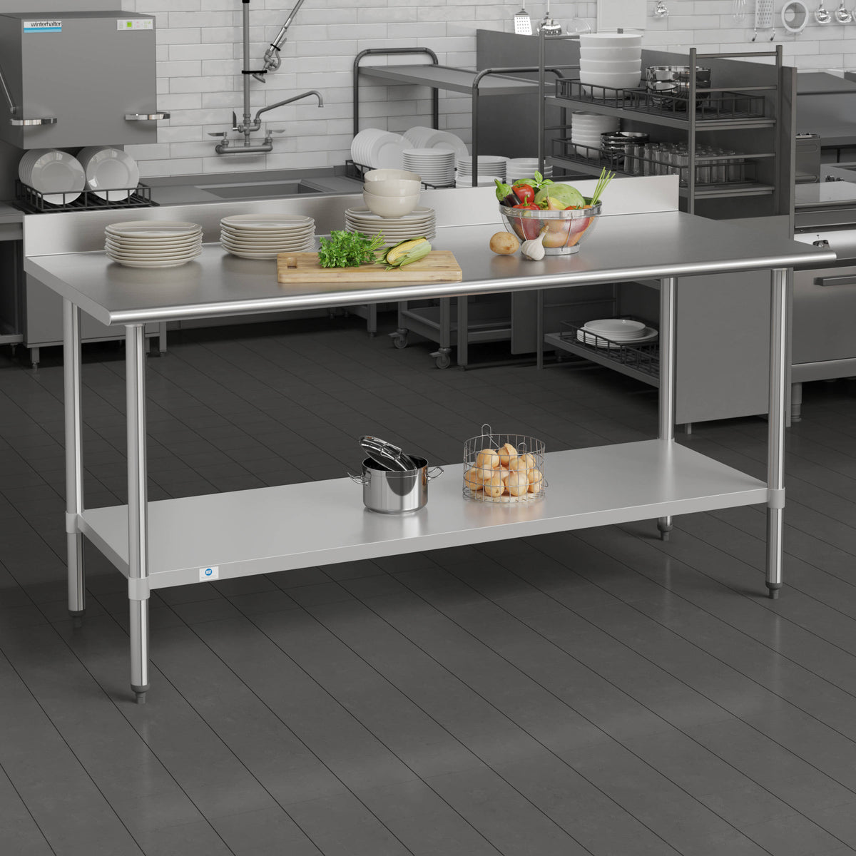 Commercial Stainless Steel Kitchen Prep and Work Table with Shelf and Backsplash - Image 2