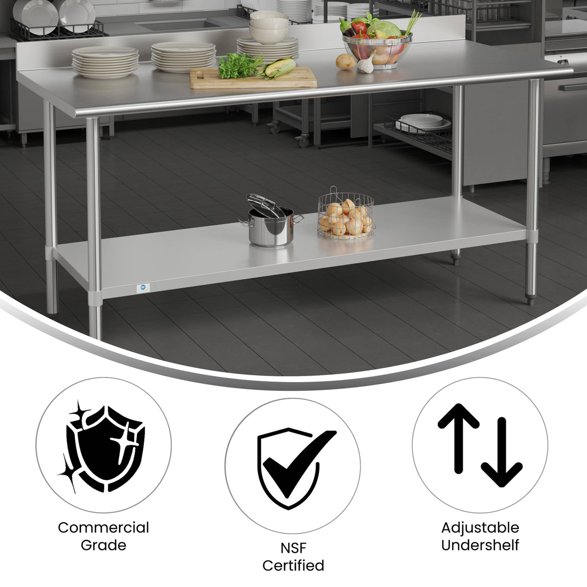 Commercial Stainless Steel Kitchen Prep and Work Table with Shelf and Backsplash - Image 3