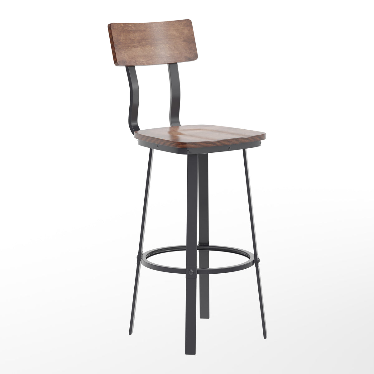 Rustic Walnut Restaurant Barstool with Wood Seat & Back & Gray Powder Coat Frame