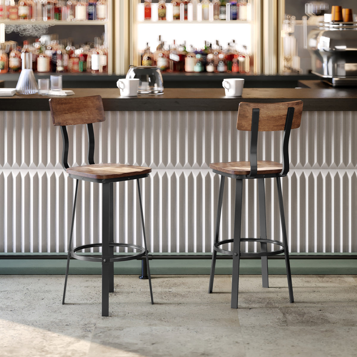 Rustic Walnut Restaurant Barstool with Wood Seat & Back & Gray Powder Coat Frame - Image 2