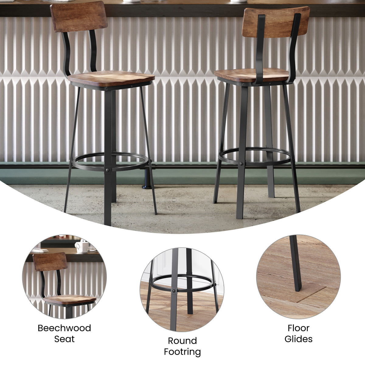 Rustic Walnut Restaurant Barstool with Wood Seat & Back & Gray Powder Coat Frame - Image 3