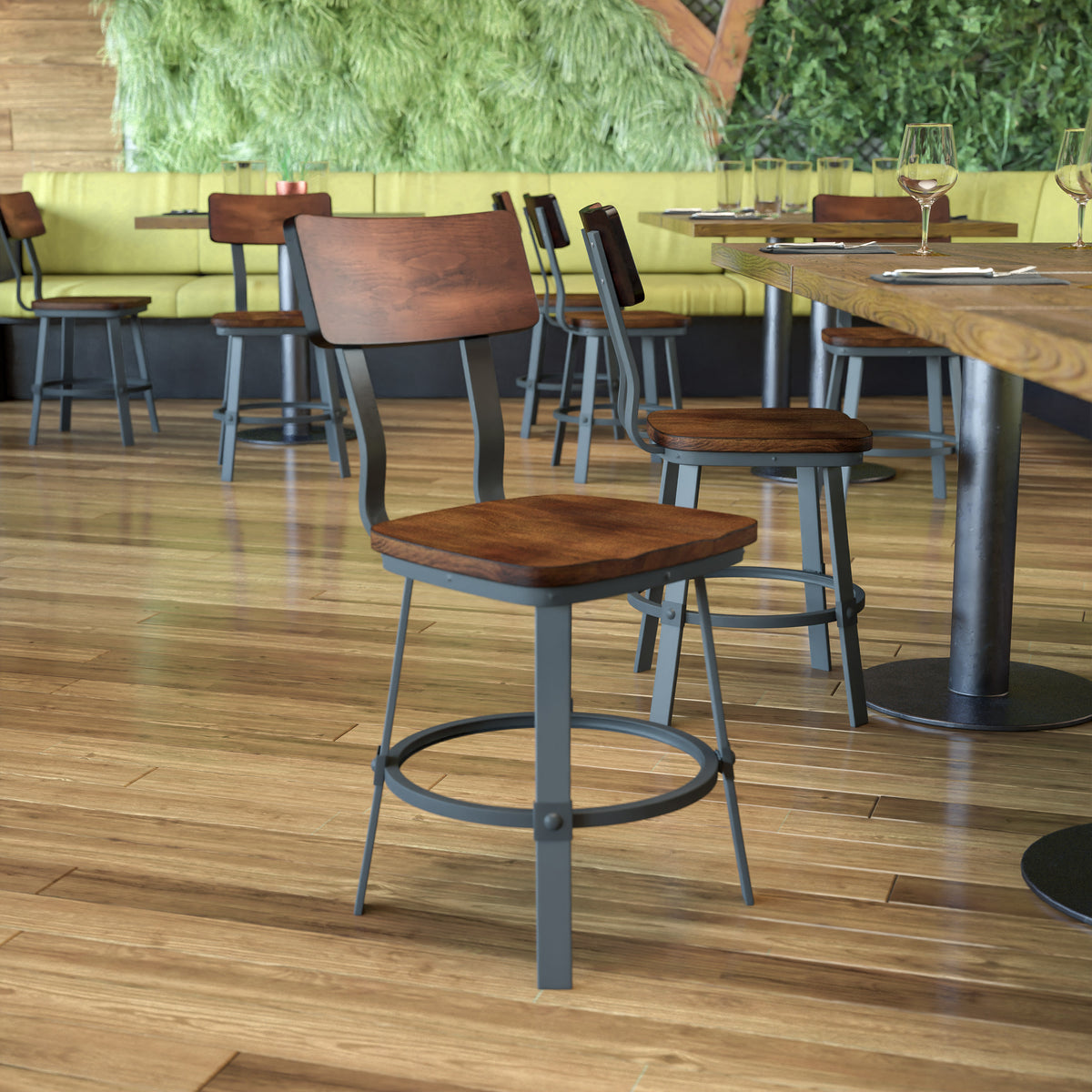 Rustic Walnut Restaurant Chair with Wood Seat & Back and Gray Powder Coat Frame - Image 2