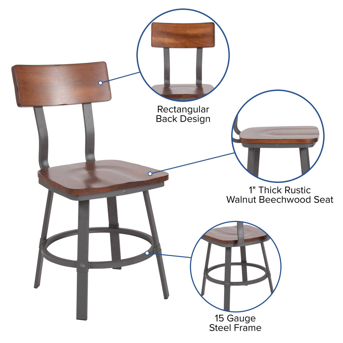 Rustic Walnut Restaurant Chair with Wood Seat & Back and Gray Powder Coat Frame - Image 3