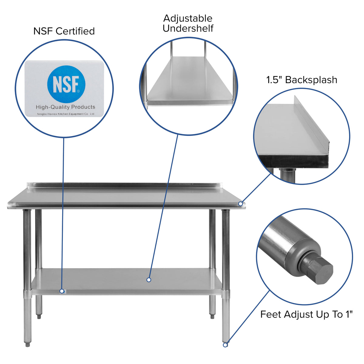 Stainless Steel 18 Gauge Work Table with Backsplash and Shelf, NSF - Image 3