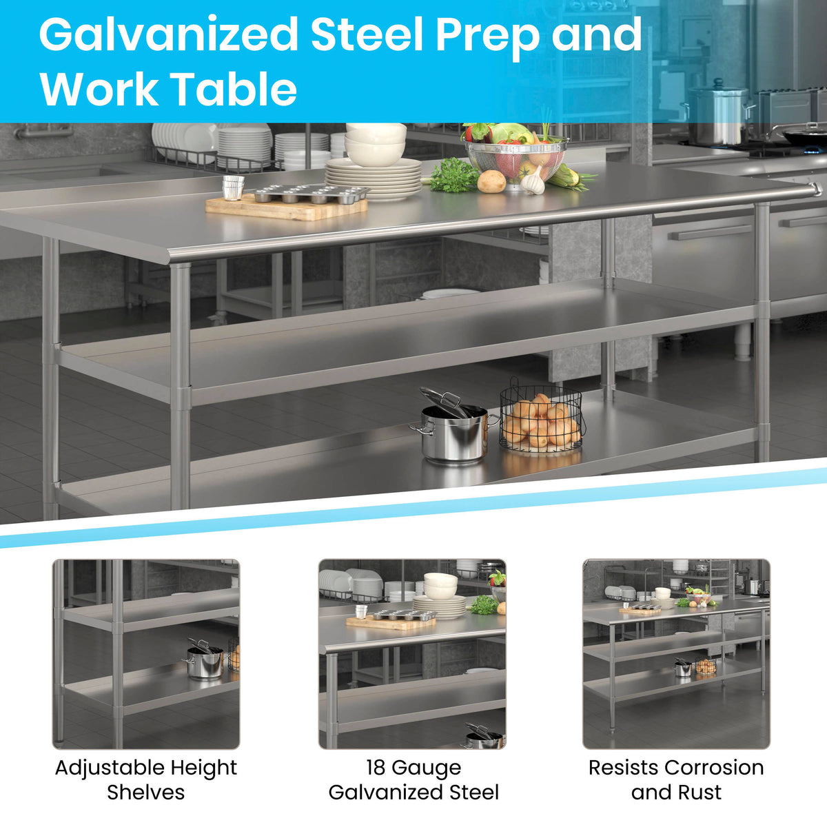 NSF Stainless Steel 18 Gauge Work Table - Backsplash and 2 Shelves - Image 3