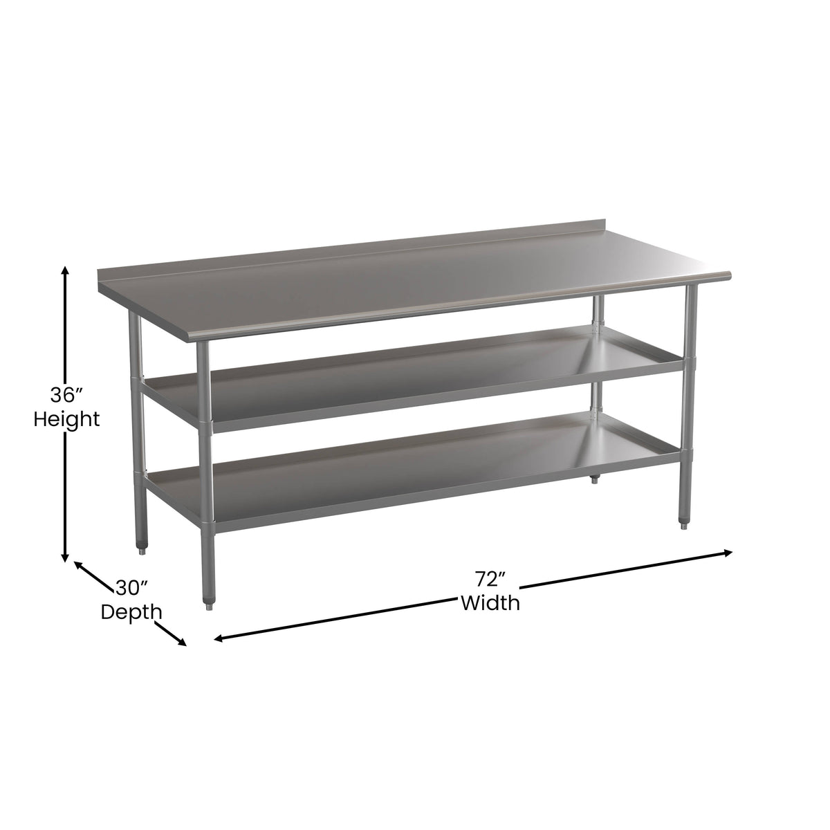 NSF Stainless Steel 18 Gauge Work Table - Backsplash and 2 Shelves - Image 4