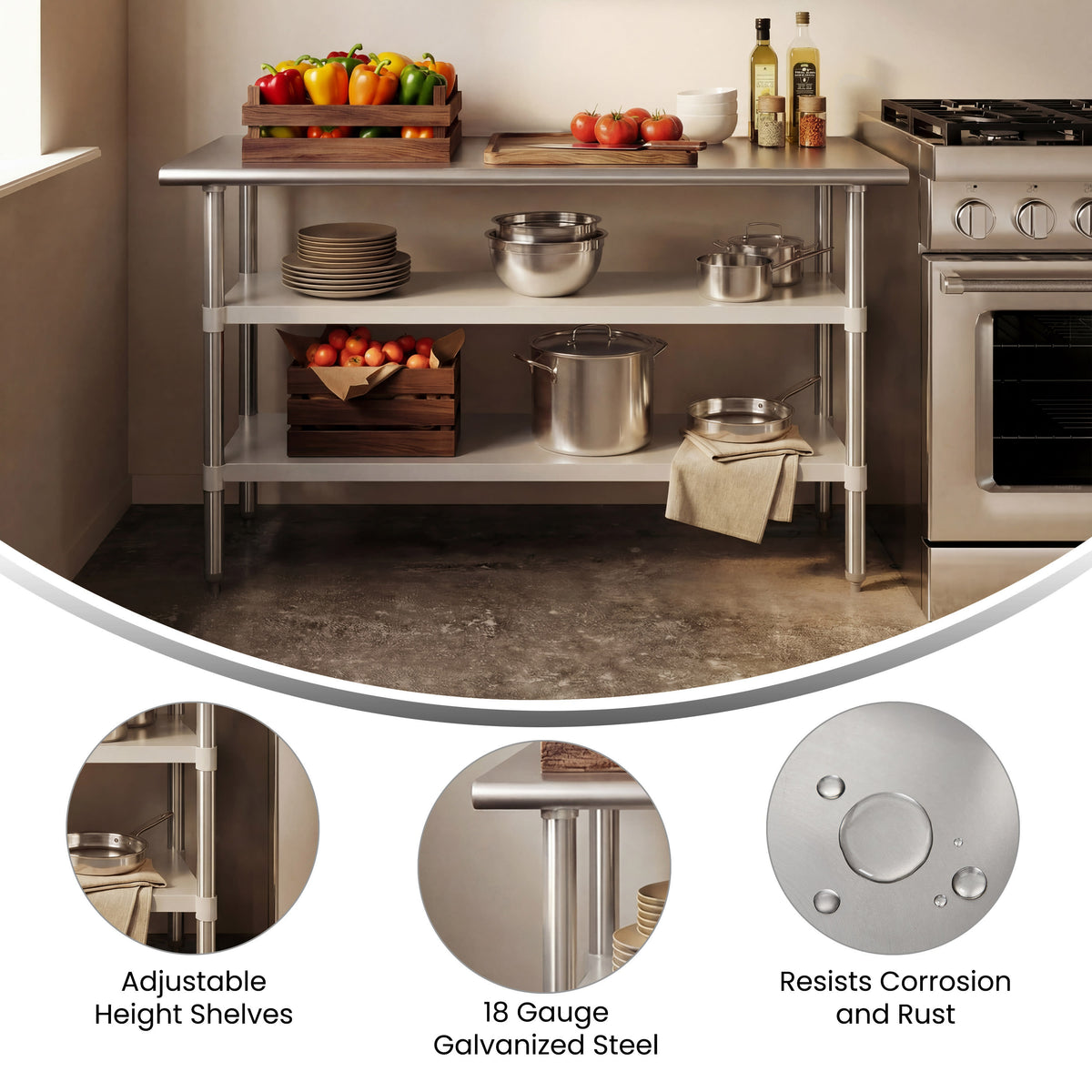 NSF Stainless Steel 18 Gauge Work Table with 2 Undershelves - Image 3