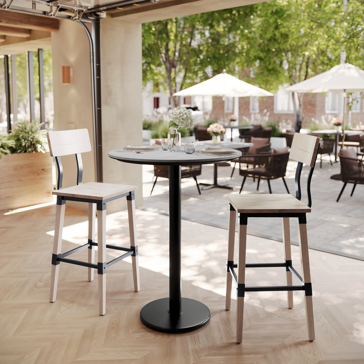 31.5" Round Commercial Seamless Surface Tabletop with Bar Height Base - Image 2