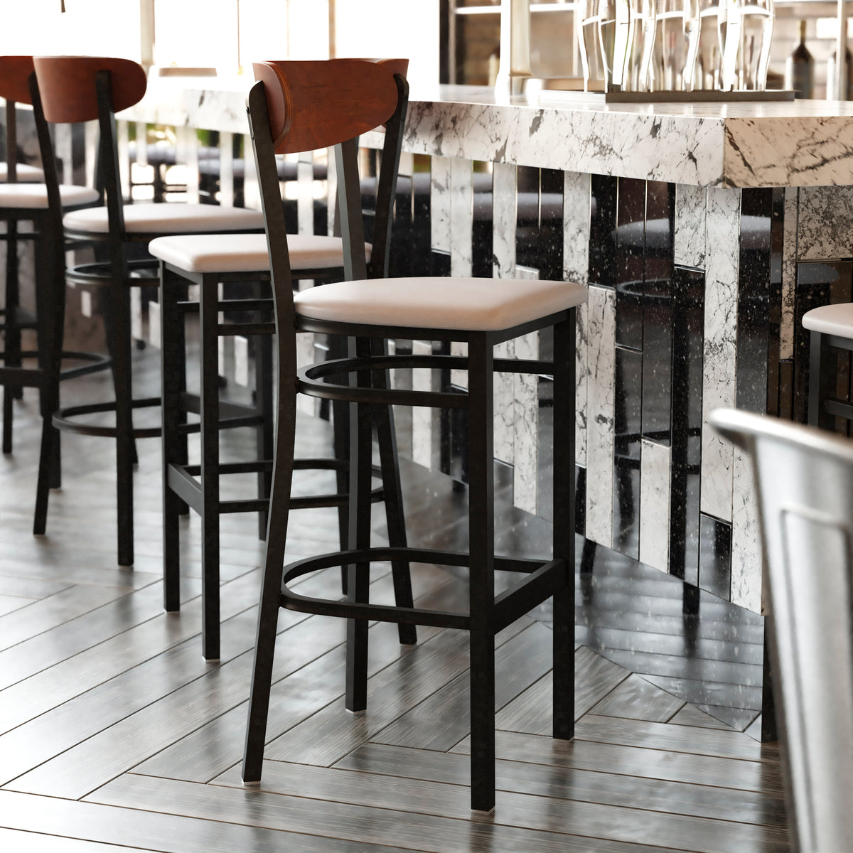 Commercial Metal Barstool with Wood Seat and Boomerang Back - Image 2