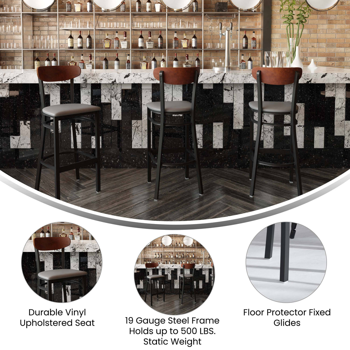 Commercial Metal Barstool with Wood Seat and Boomerang Back - Image 3