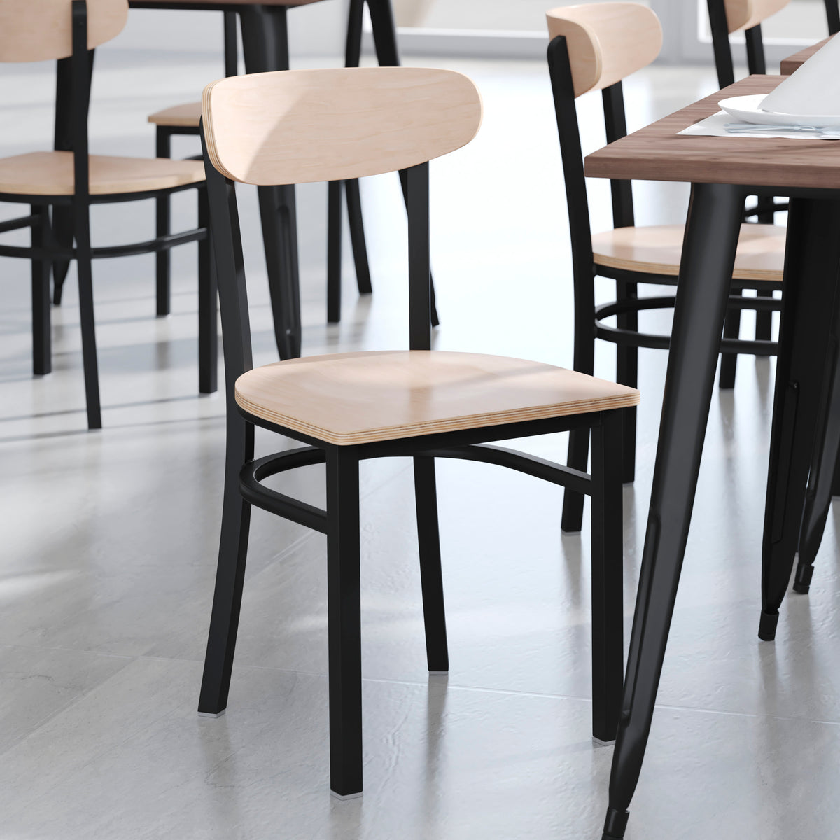 Commercial Metal Dining Chair with Wood Seat and Boomerang Back - Image 2