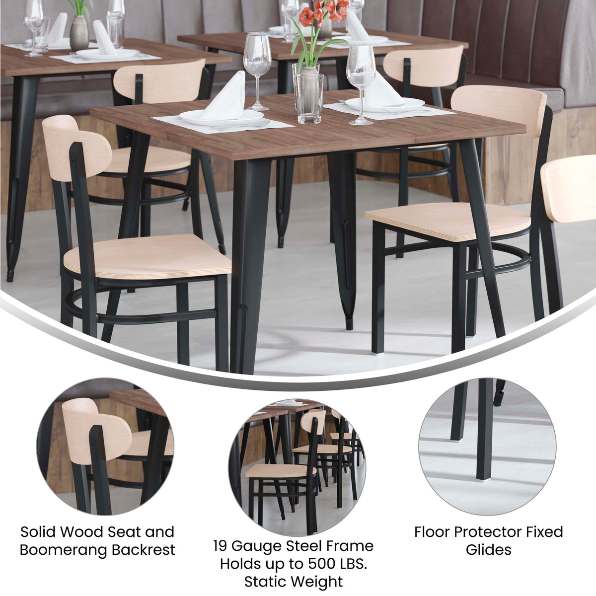 Commercial Metal Dining Chair with Wood Seat and Boomerang Back - Image 3